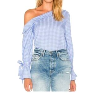 J.o.a. Revolve Blue Asymetrical Off the Shoulder Top Tie Sleeves L